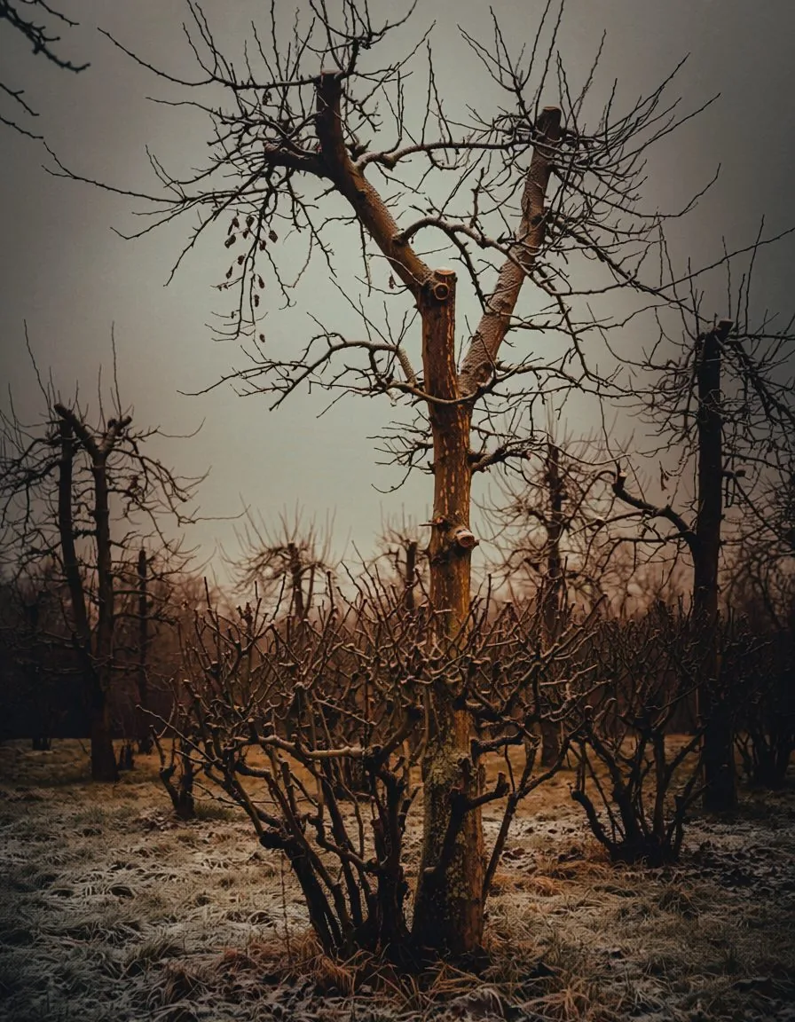 Arbres fruitiers taillés, jardin en hiver